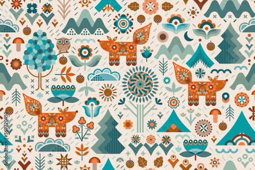 Stylized flowers, trees, plants, floral elements, geo minimalistic shapes of woodland featuring a cute own and fox in socks. Inspired by the aesthetic of the Scandinavian countries and the Nordic art.