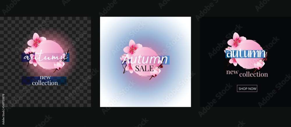 Social media banner post for spring offer.Sale promotion post with cherry blossom.Web banner for discount