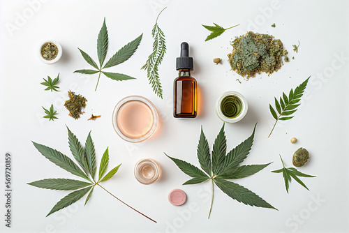 Ai generated. Top view still life alternative medicine with cannabis, natural herbal remedies, flowers, essential oils of CBD bottle. Homeopathic ingredient and natural medicines on white background.