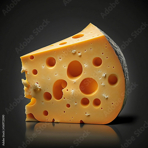 A closeup photo of delicious cheese on a grey background, with cheese dots and a reflection on the ground