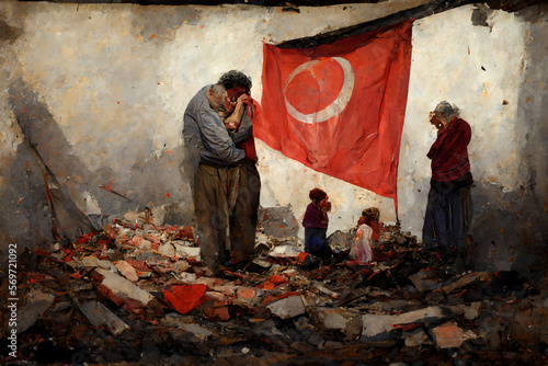 Despair and hurt, people crying after the earthquake in Turkey, families distraught, pain and suffering in the rubble on the streets in collapsed buildings.  photo