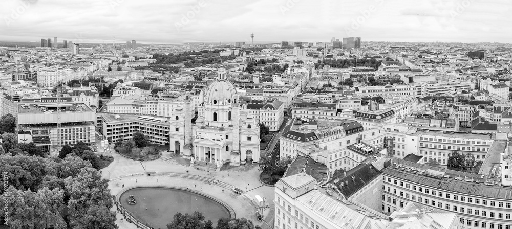 Aerial view of Vienna, Austria. Central streets and buildings from drone on a cloudy day