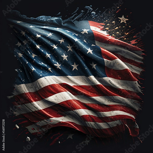 A picture of an American flag blowing in the wind, the colors of the flag contrasting against the grey background