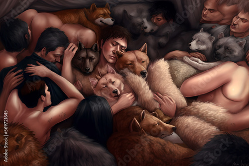 A weird fantasy orgy of men, women and hybrid furry animal-people, all embracing and connected, shirtless photo