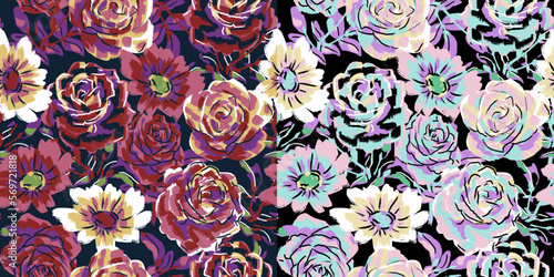 SEAMLESS GRUNGE DISTRESSED HAND PAINTED FLORAL PATTERN SWATCHES