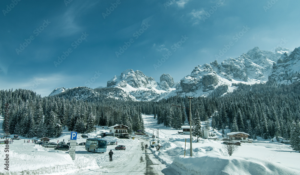 Misurina, Italy - March 1, 2010: Streets covered by snow along the skiing facilities