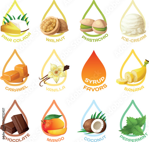Syrup drops with various flavors vector icons collection. Flavors chart for ice-cream, coffee, alcohol drinks isolated on white background. Pina colada, walnut phistachio, soft ice cream, caramel