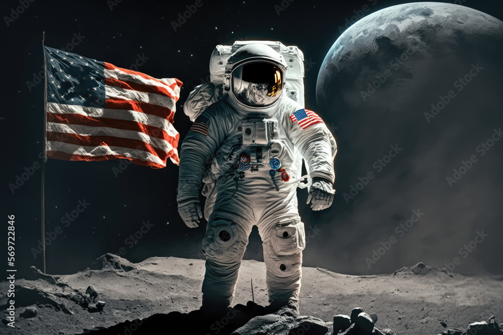 Astronaut in a space suit holding a flag on the Moon, generative ai ...