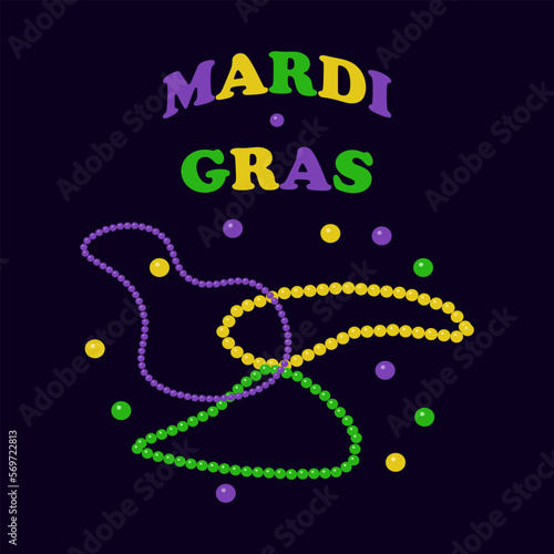Mardi Gras inscription colored beads on dark. Vector isolated illustration. Flat style.