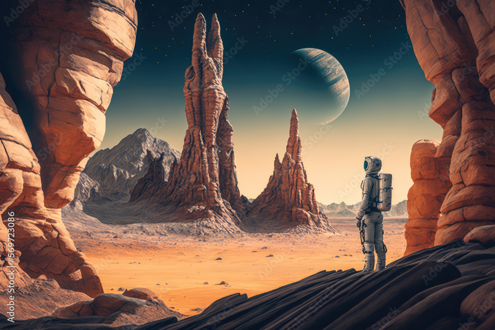 Astronaut standing before towering stone formations on strange planet, generative ai