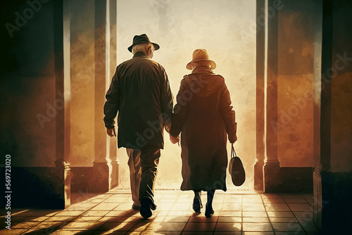 Elderly couple walking out in the sunlight holding hands. Lifelong partnership concept.