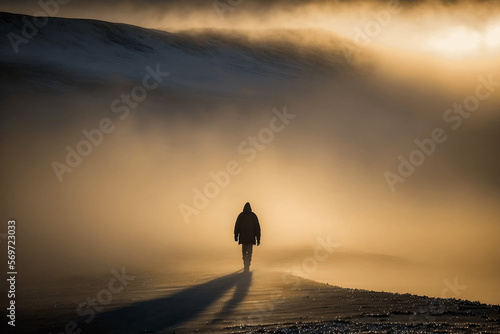 Lone man walking away into a windy and misty empty space during a blizzard.
