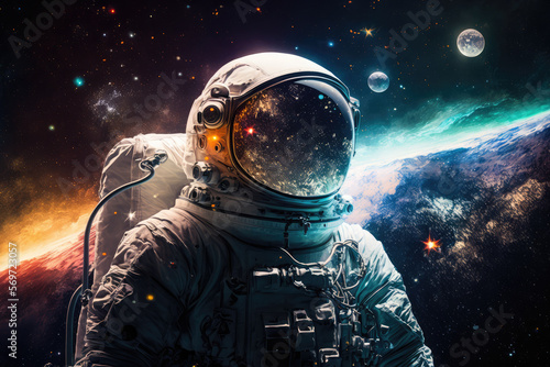 Astronaut spaceman in deep space, surrounded by stars, generative ai