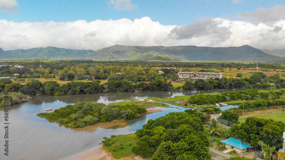 Aerial view of mountains and river from Flic en Flac Beach, Mauritius Island