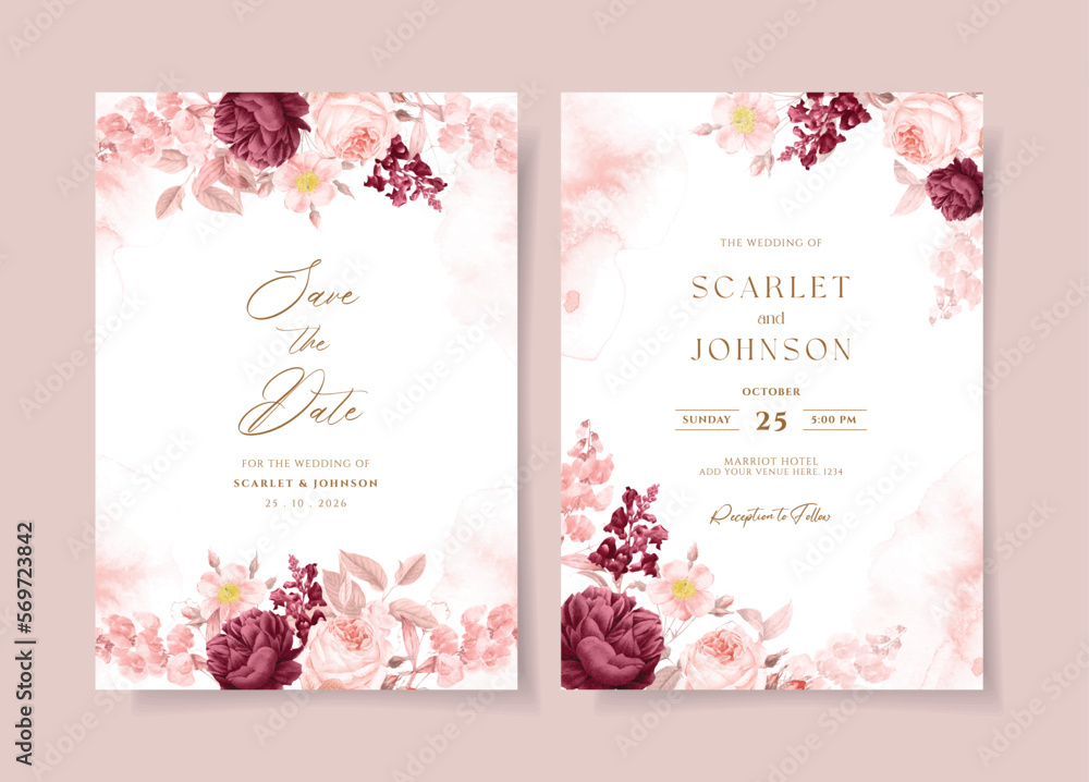 Watercolor wedding invitation template set with burgundy red and peach floral and leaves decoration