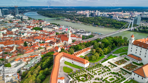 Aerial view of Bratislava Castle and city skyline on a summer afternoon