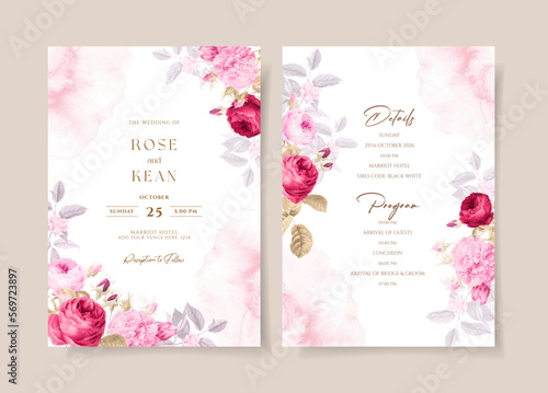 Watercolor wedding invitation template set with beautiful red and pink floral and leaves decoration