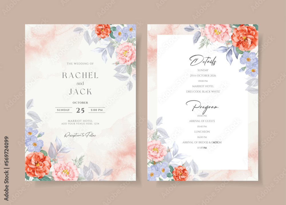 Watercolor wedding invitation template set with romantic orange and peach floral and leaves decoration