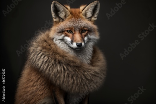 Fox wearing fur coat. Concept of eco friendly and cruelty free fashion. It is not right to make animal suufer concept. Created with Generative AI technology.