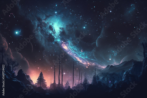 Starry night sky filled with glowing galaxies, generative ai