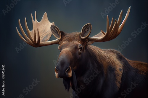 Painting of a bull moose with antlers. Generative AI