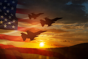 Air Force Day. Aircraft silhouettes on background of sunset with a transparent American flag.