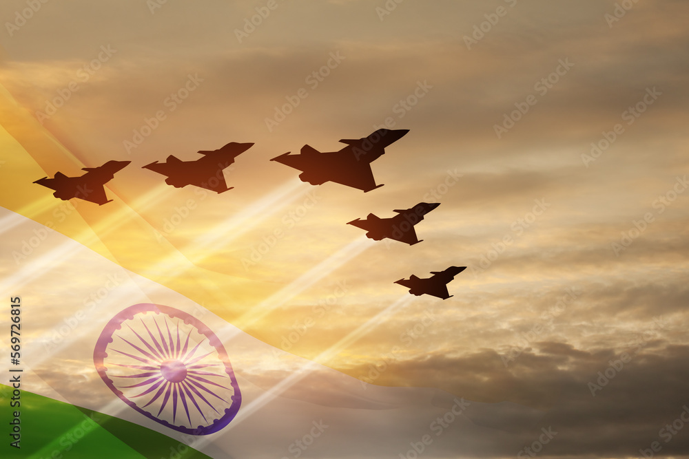 Indian Air Force Day. Indian jet air shows on background of sunset with
