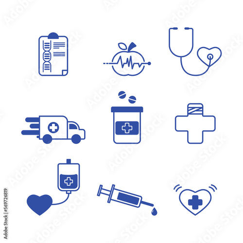 Pacote de ícones vetoriais relacionados a área da saúde, hospital, clínicas.	