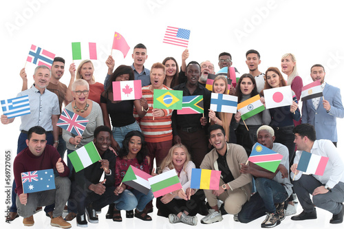 Group of diverse people standing with flags different countries
