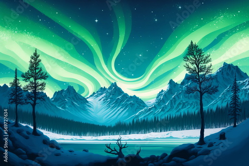 Northern Lights over lake. Aurora borealis with starry in the night sky. Fantastic Winter Epic Magical Landscape of snowy Mountains. Gaming RPG background. Game asset.. Generative AI