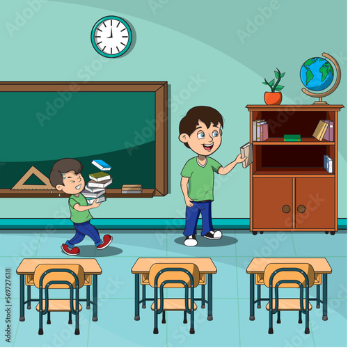 Dibujo vectorial de niños ordenando su aula escolar.