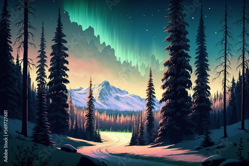 Northern Lights over lake. Aurora borealis with starry in the night sky. Fantastic Winter Epic Magical Landscape of snowy Mountains. Gaming RPG background. Game asset.. Generative AI