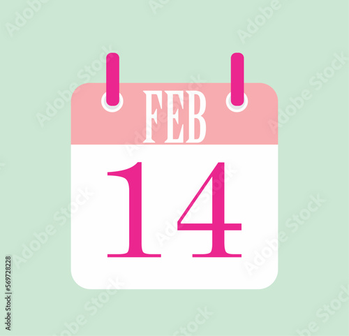 Flat icon calendar isolated on green background. Feb 14 Vector illustration.