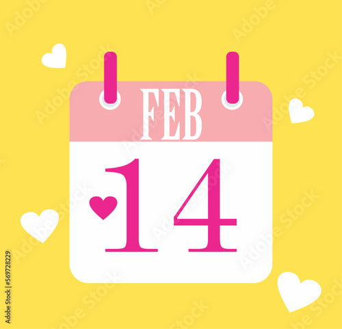 Flat icon calendar isolated on yellow background. Feb 14 Vector illustration. Valentine's day calendar