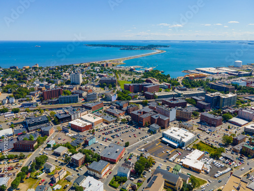 Lynn historic downtown aerial view with Nahant Beach at the background, Lynn, Massachusetts MA, USA.  photo