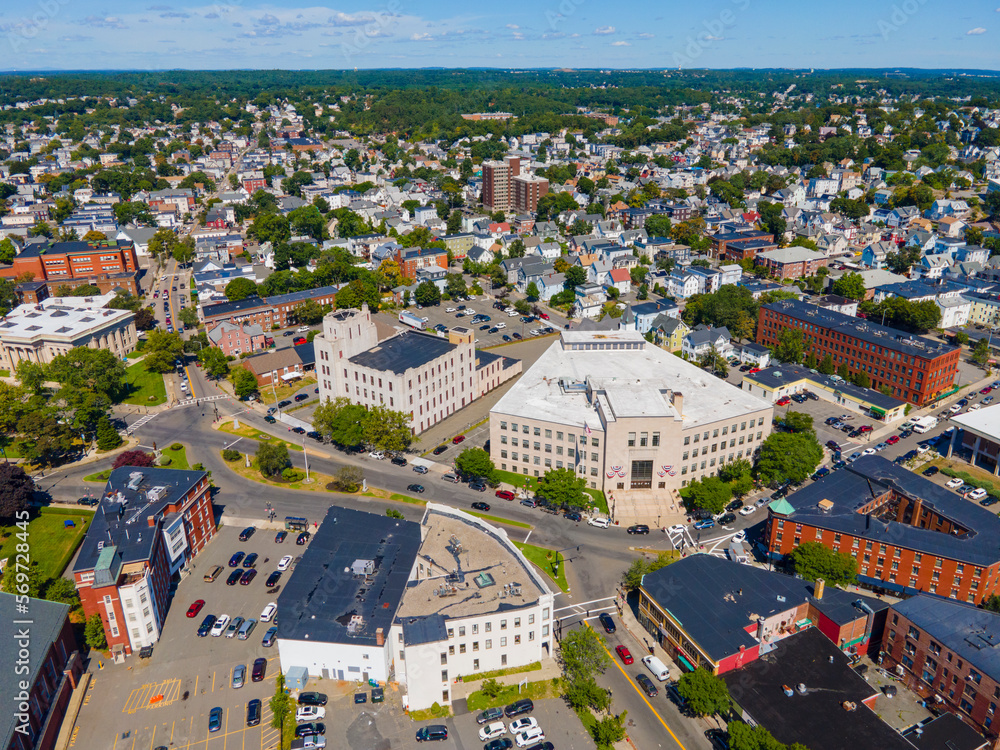 Lynn City Hall aerial view at 3 City Hall Square in historic downtown Lynn, Massachusetts MA, USA.