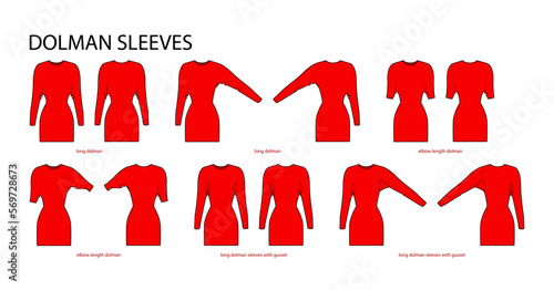 Set of Dolman sleeves Magyar clothes - long, elbow, with gusset length technical fashion illustration with fitted body. Flat apparel template front, back sides. Women, men unisex CAD mockup