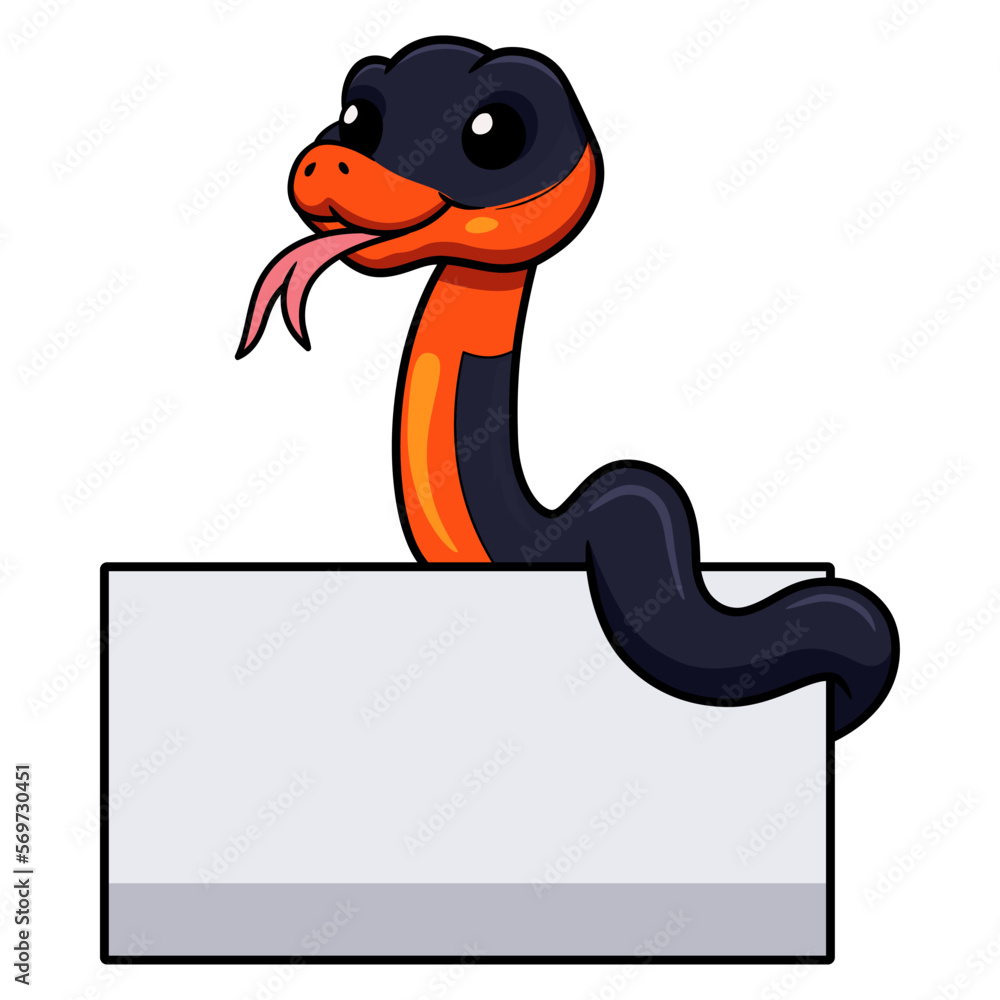 Fototapeta premium Cute ring necked snake cartoon with blank sign