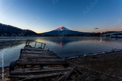 Mountain Fuji and Lake Kawaguchiko are frozen in January.