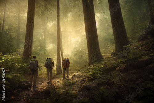 Explorers Hiking Deep in Forest in Spring Made with Generative AI