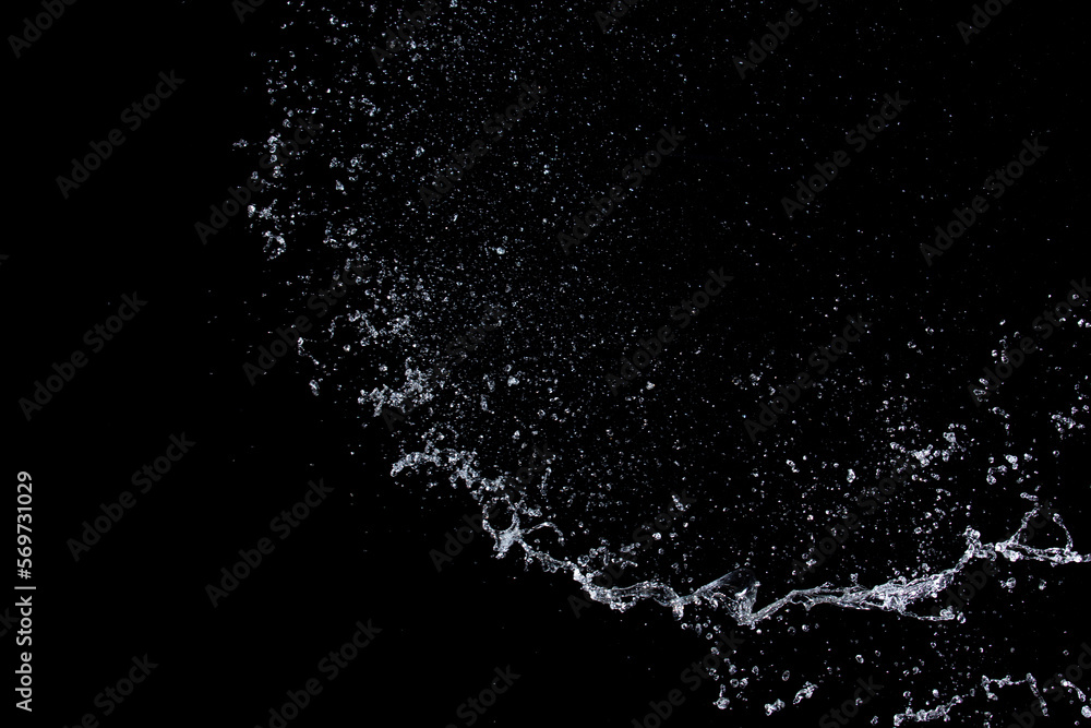 Shape form droplet of Water splashes into drop water attack fluttering in air and stop motion freeze shot. Splash Water for texture graphic resource elements, black background isolated