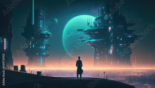 A person standing on a rooftop, looking at a foggy and futuristic cityscape with neon lights at night, AI Generative