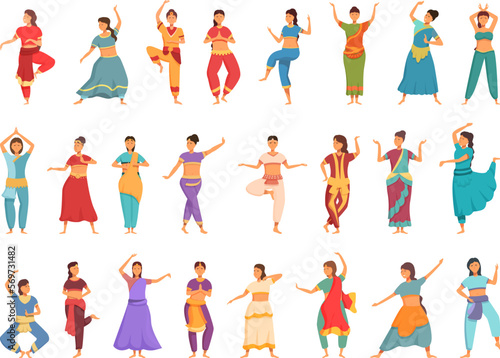 Indian girl dancer icons set cartoon vector. Indian dancer. Culture girl