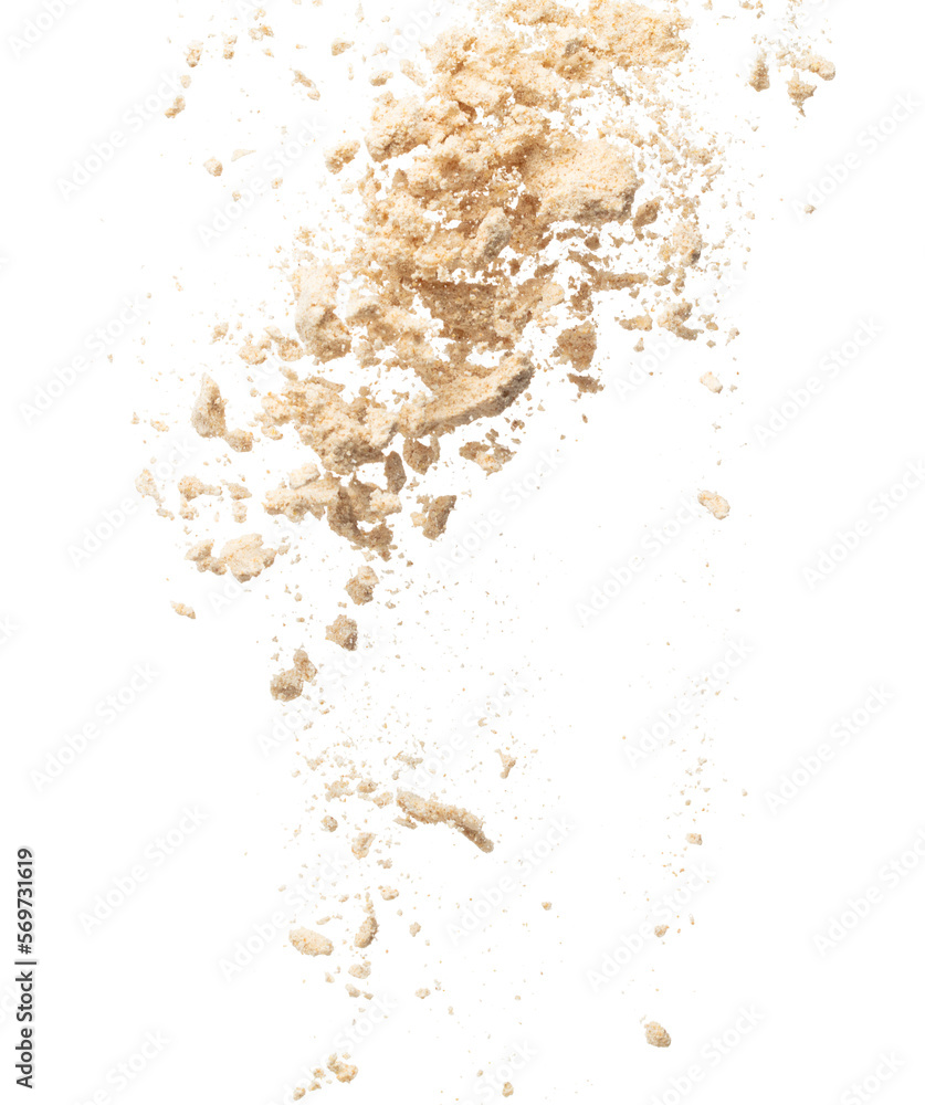 Seasoning powder explosion flying, Beige brown seasoning powder wave floating fall down in air. Seasoning powder is element material. Eyeshadow crush for make up artist. White background Isolated