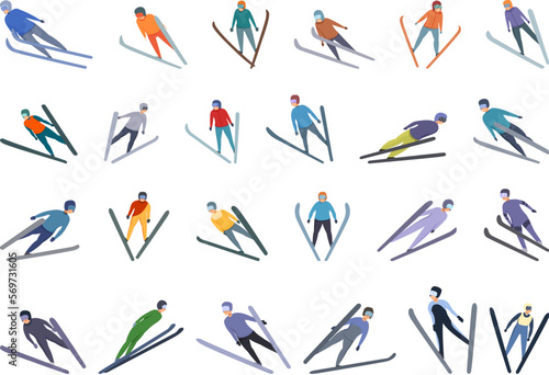 Ski jumping icons set cartoon vector. Action jump. Winter jumper