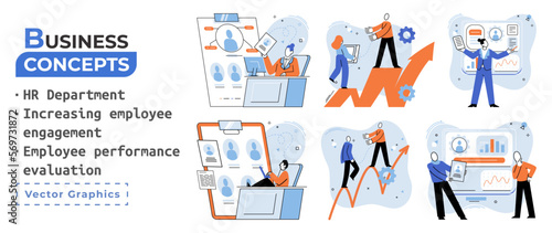 HR department work scenes set, qualified employee responsible for formation of human resources in organization. Specialist engaged in selection, adaptation, dismissal, development of personnel