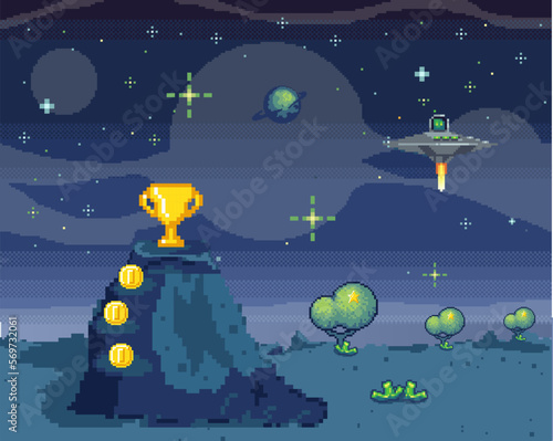 Pixel art with fantastic space landscape background. Colorful pixel arcade scene for game design. Cosmic gaming location with coins cup and unidentified flying object. Computer game pixelated platform