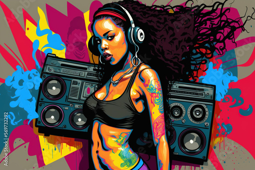 Hip hop and cool black girl concept, young woman listen music on street, illustration