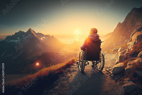 pessoa com defici  ncia cadeira de rodas no alto de uma montanha vendo linda paisagem 