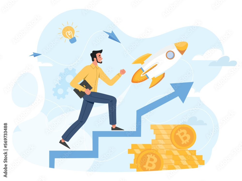 Obraz premium Business rocket concept. Man goes up arrow on background of gold coins. Financial literacy and passive dood, self development. Successful businessman or worker. Cartoon flat vector illustration